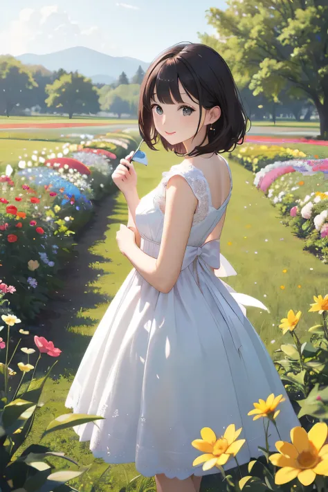 standing in a beautiful field of flowers, with colorful flowers everywhere, perfect lighting