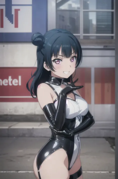 (((Pixel Perfect, Perfect in every detail))), alone, One girl, yoshiko tsushima, uranohoshi , latex, elbow gloves,latex five fingers,evil grin,View Viewer, Conceit, Dynamic pose,two hands,