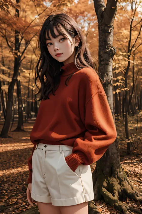 elegant minimalistic photography, 1990s, model wearing a crimson jumper, red autumn forest background, natural lighting