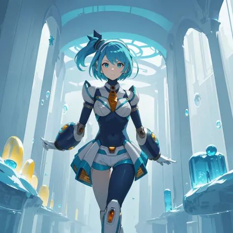 rico_megamanxdive, 1girl, solo, blue eyes, short hair, blue hair, android, high quality, masterpiece, standing in an underwater city with lots of bubbles, in the style of yuumei, intricate architectures, indigo, miniature illumination, daniel f. gerhartz
