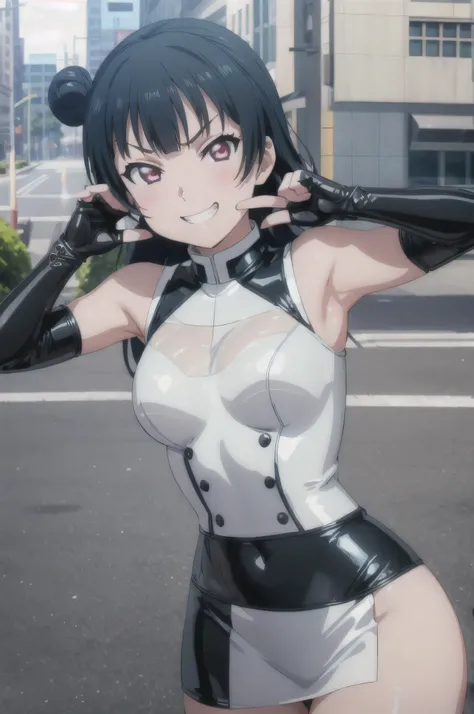 (((Pixel Perfect, Perfect in every detail))), alone, One girl, yoshiko tsushima, uranohoshi , latex, elbow gloves,latex five fingers,evil grin,View Viewer, Conceit, Dynamic pose,two hands,