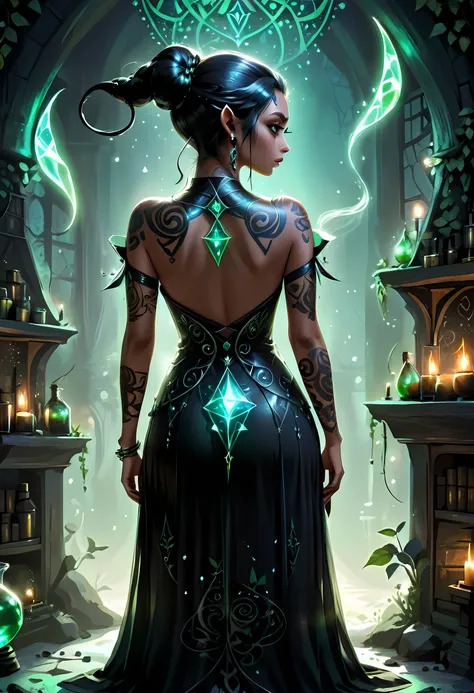 modisn disney, Arafed, Dark fantasy art, fantasy art, goth art, a picture of a tattoo on the back of a female elf, of glowing elven magical runes, AlchemyPunkAI, shoot taken from the back, ((the back is visible: 1.3), she wears a transparent dress that th...