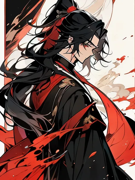 Adult man, serious, adult appearance, narrow red eyes, long black hair, tied in a ponytail, magic school teacher outfit, black snake around, ultra detailed