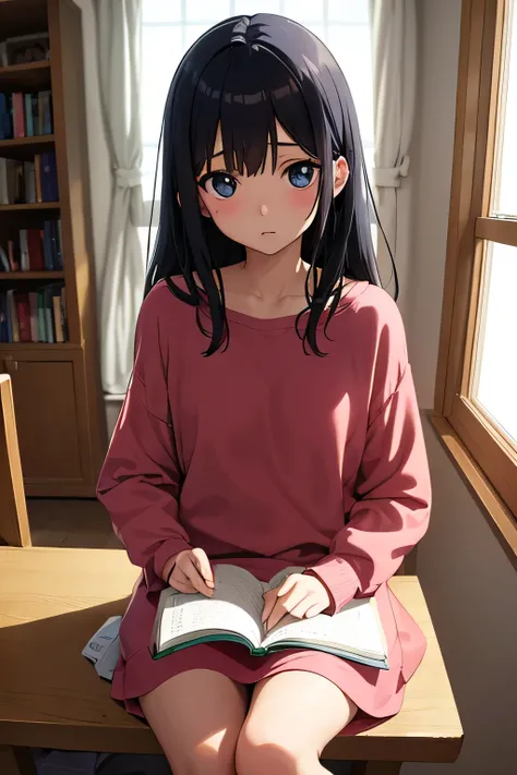 A high resolution, photorealistic rendering of a young cute anime girl sitting on a wooden bench in a cozy room with a large window. The window allows soft natural light to flood the room, creating a warm and welcoming atmosphere. La chica tiene el cabello...