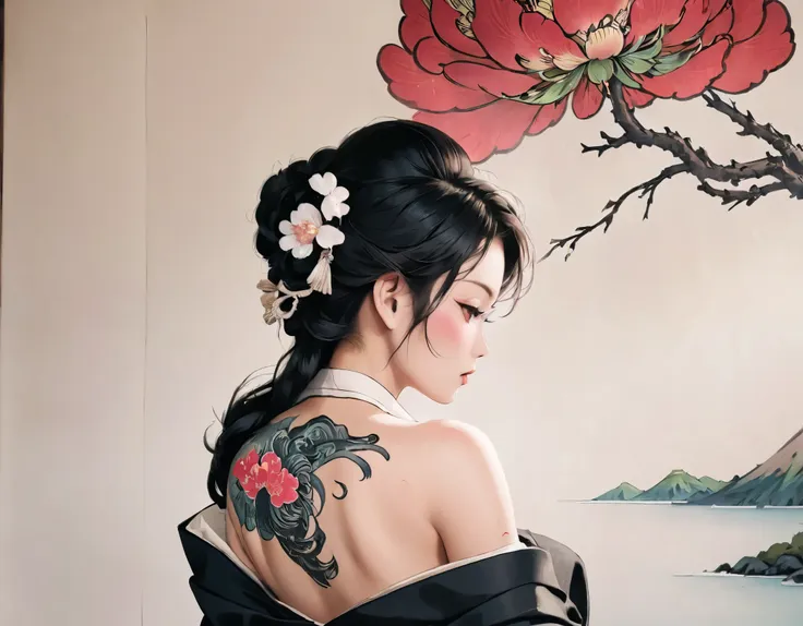 Wearing a black kimono_Only the right shoulder is exposed from the kimono._Showing off a scarlet peony tattoo covering his entire back_Extremely beautiful Japanese women、(Tattoo close-up:1.8)、