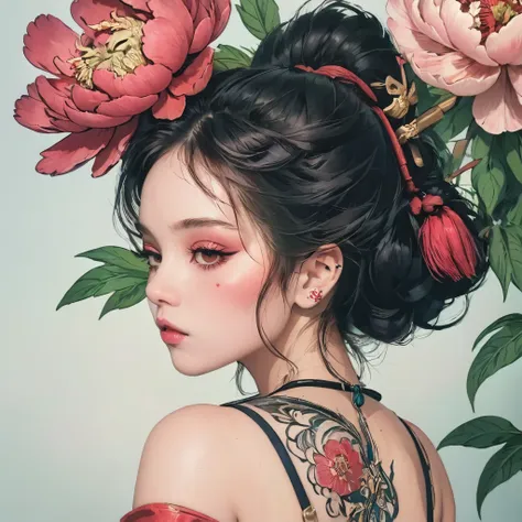 ((a woman with multiple, stunning, large scarlet peony tattoos across her back:1.9))、she wears a black dress、expose the right sh...