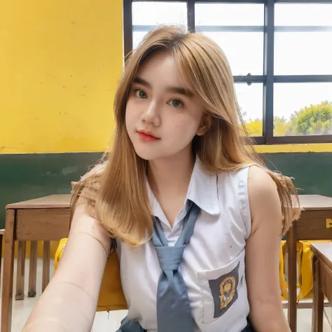 Beautiful 18 Years Old , Gigantic Colossal Breast , Cleavage , Sleeveless , ((Wearing High School Uniform)) , High School Skirt , Kayes , Indonesian Influencer , Sit On Table In Classroom , Modern Futuristic Classroom , Take Selfie , ((Face Focus)) , ((Cen...