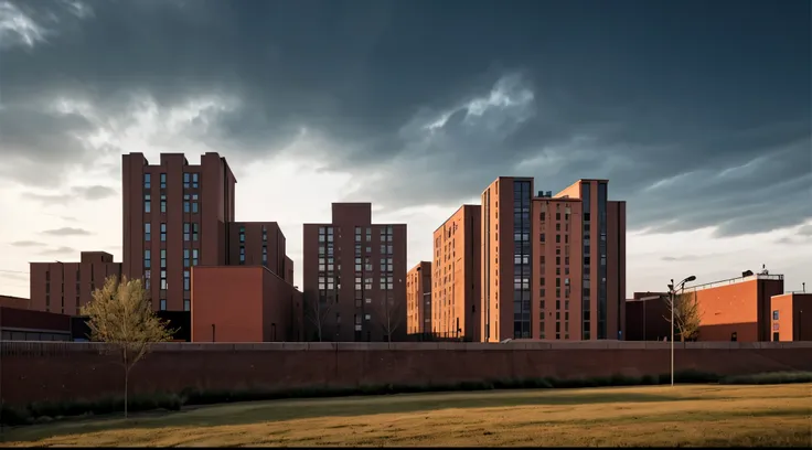 match the sky with the background image. brick buildings. industrial area