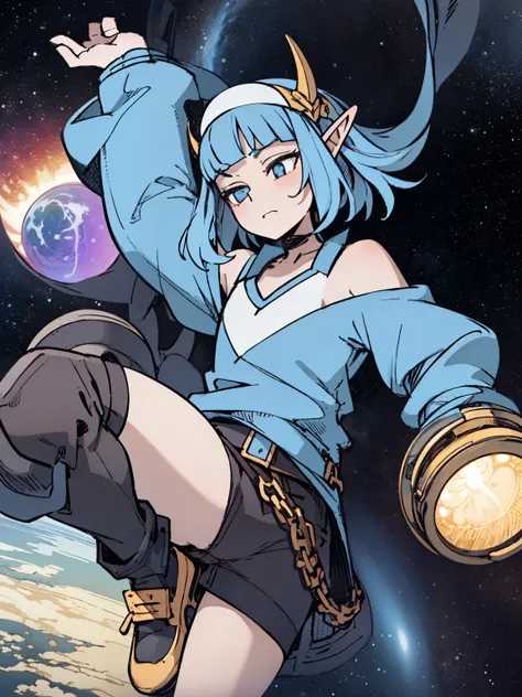 an elf with short blue hair, she is giant and is in the space of the starry universe, the planet near her is small and she stretches out her hand as if to pick it up. frontal pose. best quality, detailed.
