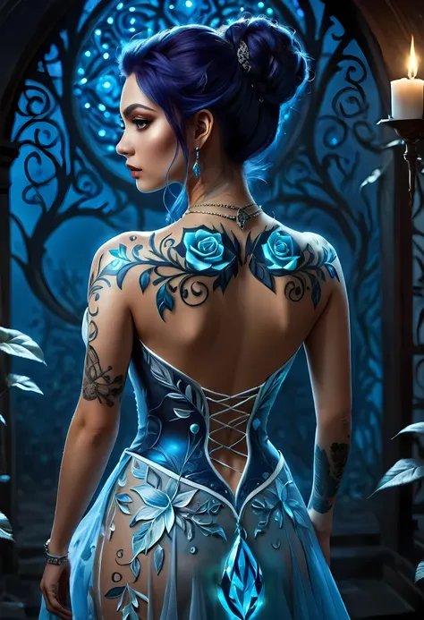 modisn disney, Arafed, Dark fantasy art, fantasy art, goth art, a picture of a tattoo on the back of a female elf, of  glowing tattoo of a ((blue: 1.3)) the rose tattoo is vivid, intricate detailed coming to life rose from the ink to real life, , thes, Alc...