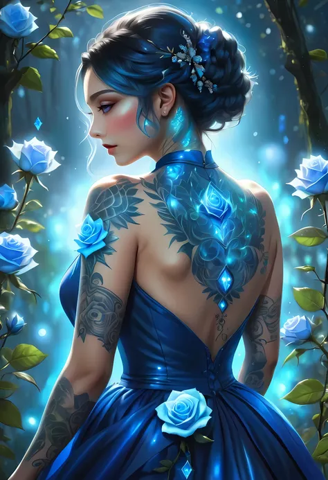 arafed, dark fantasy art, fantasy art, goth art, a picture of a tattoo on the back of a female elf, of  glowing tattoo of a ((bl...