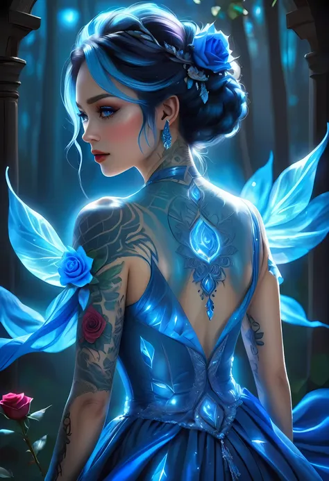 arafed, dark fantasy art, fantasy art, goth art, a picture of a tattoo on the back of a female elf, of  glowing tattoo of a ((bl...