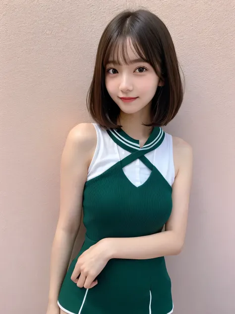 In detail,Full body photo、Blonde、 One high school girl、High resolution, high quality、Slim body、Perfect dynamic composition, Beautiful fine details, Short Bob Cut、Natural color lip,Kamimei、13-year-old girl、Clear Skin、Sleeveless green sailor suit、Green mini ...