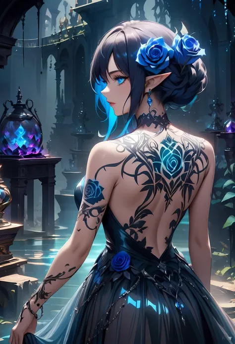 Arafed, Dark fantasy art, fantasy art, goth art, a picture of a tattoo on the back of a female elf, of  glowing tattoo of a ((blue rose: 1.3)) the rose tattoo is vivid, intricate detailed coming to life rose from the ink to real life,AlchemyPunkAI, shoot t...