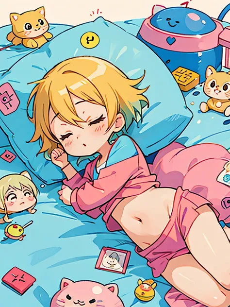 Akira Toriyama style, Kawaii Design, The most beautiful girl of all time、Chibi, Taking a nap、Belly button exposed, hospital bed