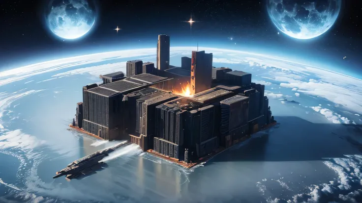 A giant space fortress floating in space, shaped like multiple giant boards stacked randomly