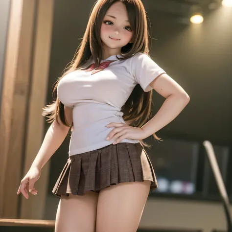 a cute smiling 1girl with long brown hair in a , white t-shirt, short pleated skirt, thighs, big breasts, big butt, standing in a schoolyard, adorable, (best quality,4k,8k,highres,masterpiece:1.2),ultra-detailed,(realistic,photorealistic,photo-realistic:1....