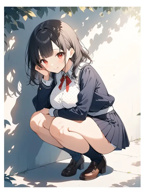 Anime style, Super accurate illustrations, Very detailed, beautiful, 8K,1 Lovely girl,(Lovely:1.3),Black Hair,Short straight bangs, Smile,Red Eyes, fashionable, fashionable clothes,(Spotted sunlight:1.2),Vague,(Written border depth:1.1),Tilting your head,m...