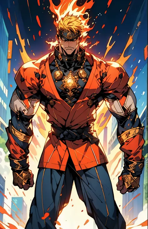 A man with short golden hair, middle-parted bangs, a hexagonal metal forehead protector, round glaring eyes filled with anger, a furious expression, chiseled facial features, a muscular build, an orange fantasy martial arts-style coat with flame-shaped dec...