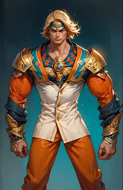 A man with short golden hair, middle-parted bangs, a hexagonal metal forehead protector, round glaring eyes filled with anger, a furious expression, chiseled facial features, a muscular build, an orange fantasy martial arts-style coat with flame-shaped dec...