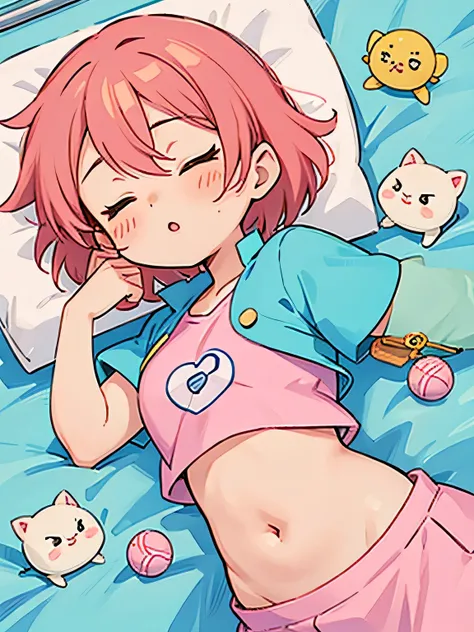 Akira Toriyama style, Kawaii Design, The most beautiful girl of all time、Chibi, Taking a nap、Show your chest and belly button, hospital bed