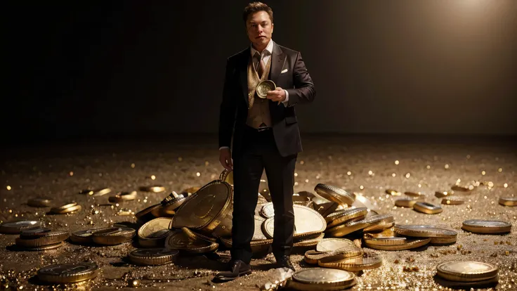 Elon Musk, A detailed and realistic image of a stranger in a suit, Surrounded by a of gold coins and diamonds, ultra-realistic image, hyper-detailed realistic skin, Look for an ultra-realistic image.