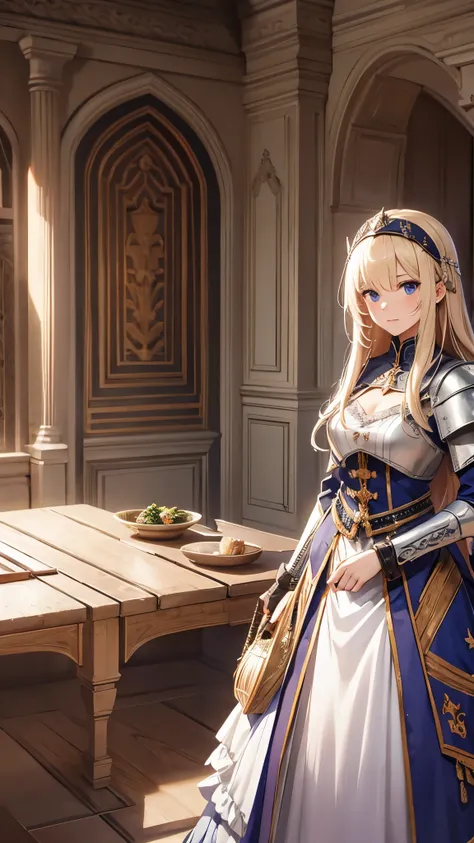 Inside the castle,inside the room,1 30-year-old female、Blonde long hair、Knight Commander、casual dress,hairband、cross arms,(Holding a sword、Claymore Great Sword),