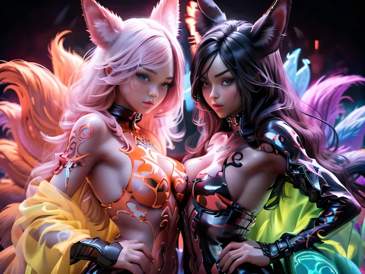 (Best Quality, 8K, Masterpiece, HDR, Soft Lighting, Picture Perfect, Realistic, Vivid), Nine tails of snow white fox(1.0), milk fox tail(1.0), nine tailed fox, anime girl with pink hair and pink, dressed in sexy leather suit, beautiful fantasy anime, very ...