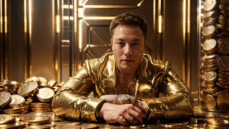 Elon Musk, A detailed and realistic image of a stranger in a suit, Surrounded by a of gold coins and diamonds, ultra-realistic image, hyper-detailed realistic skin, Look for an ultra-realistic image.