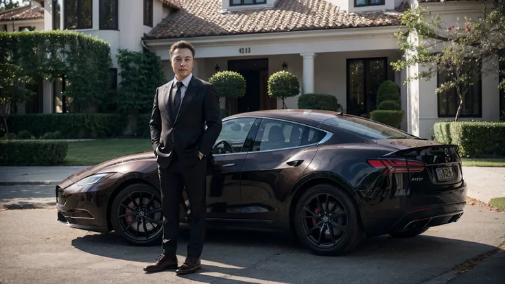 Elon Musk, A detailed and realistic image of a stranger in a suit, in front of a millionaire mansion, ultra-realistic image, hyper-detailed realistic skin, Look for an ultra-realistic image.