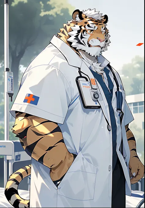 hairy，((Tiger 1.5))，((Wearing a white short-sleeved shirt))，((Wearing a white coat outside：1.5))，((Stand by the hospital bed:1.5))，((Holding a board in hand1.5))，beard，Golden fur，White short hair，Golden pupils，黑色beard，male，Common，Mature，Side view，Real ward...