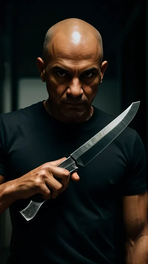 homem, careca, com camiseta sem mangas, menacing look, with a knife in hand, threatening posture, aspecto intimidador, menacing look, perigoso, cruel, psicopata, mal, high resolution image, imagem em alto contraste, imagem ultradetalhada, imagem super deta...