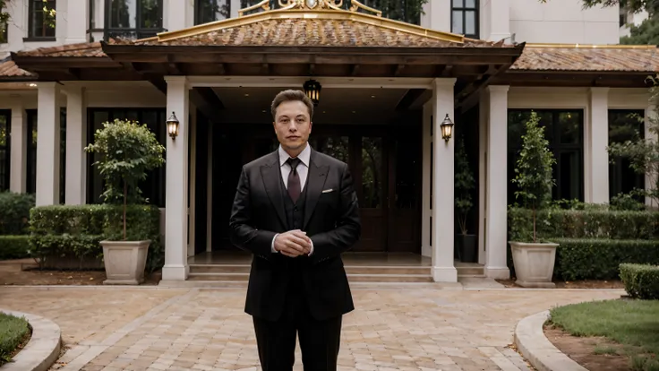 Elon Musk, A detailed and realistic image of a stranger in a suit, in front of a millionaire mansion filled with gold, ultra-realistic image, hyper-detailed realistic skin, Look for an ultra-realistic image.