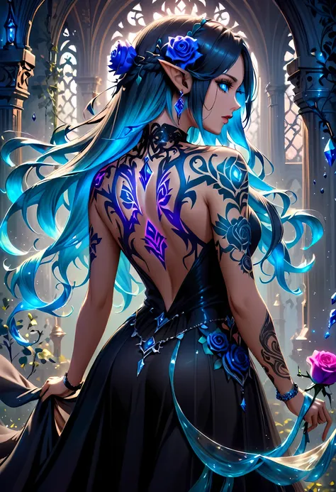 arafed, dark fantasy art, fantasy art, goth art, a picture of a tattoo on the back of a female elf,  of  glowing tattoo of a ((b...