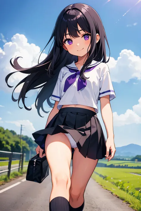 Elementary school girl, 8 years old, flat chest, black hair, long hair, purple eyes, smiling（one person） Upper body plain white T-shirt　Black mini skirt and white panties（（I can see her panties））White socks　sneakers　 Rural landscape　Walking　Dynamic angle L...