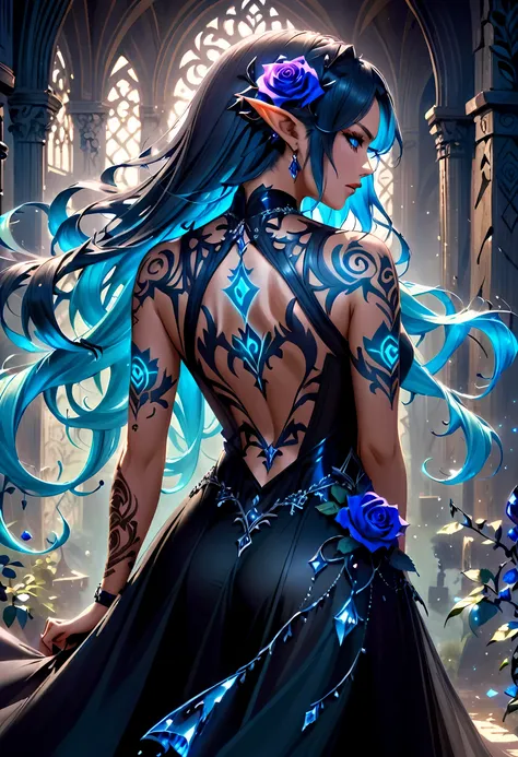 Arafed, Dark fantasy art, fantasy art, goth art, a picture of a tattoo on the back of a female elf, of glowing tattoo of a ((blue rose: 1.3)) the rose tattoo is vivid, intricate detailed coming to life rose from the ink to real life, AlchemyPunkAI, shoot...