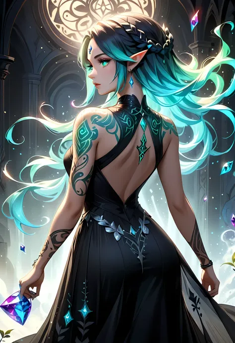 modisn disney, Arafed, Dark fantasy art, fantasy art, goth art, a picture of a tattoo on the back of a female elf, of ((glowing: 1.3)) elven magical runes, intricate detailed coming to life, AlchemyPunkAI, shoot taken from the back, ((the back is visible...