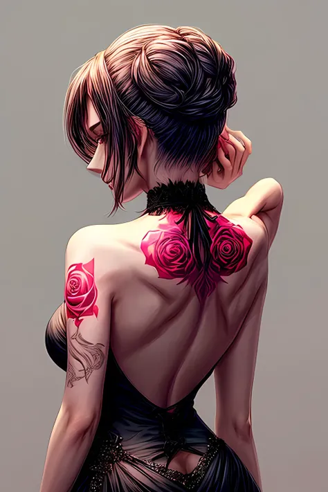 Womans back view in a halter neck dress has a single rose tattooed on her back