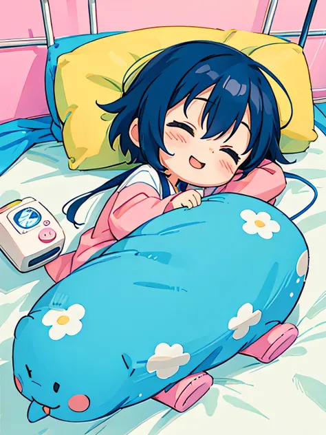 Fujio Akatsuka style, Kawaii Design, The most beautiful girl of all time、Chibi, best smile, Taking a nap、Pants only, hospital bed