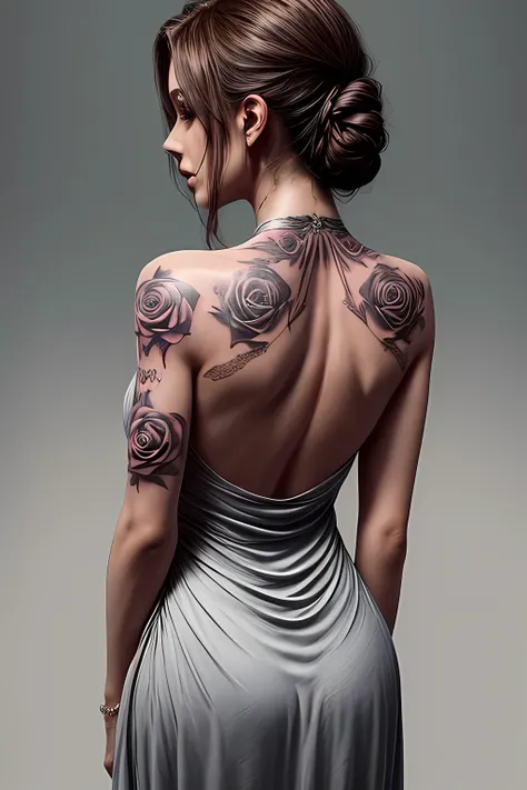 Womans back view in a halter neck dress has a single rose tattooed on her back