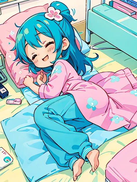 Fujio Akatsuka style, Kawaii Design, The most beautiful girl of all time、Chibi, best smile, Taking a nap、Pants only, hospital bed