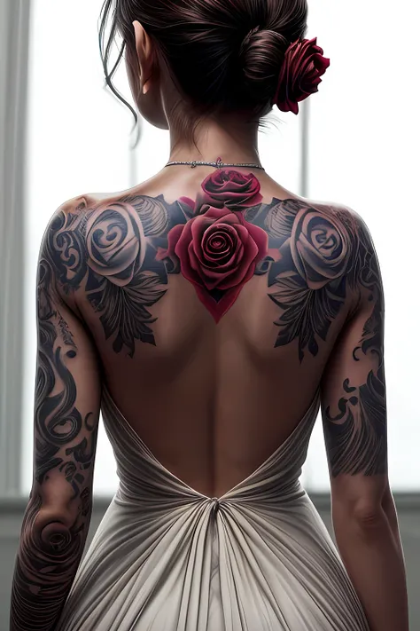 Womans back view in a halter neck dress has a single rose tattooed on her back