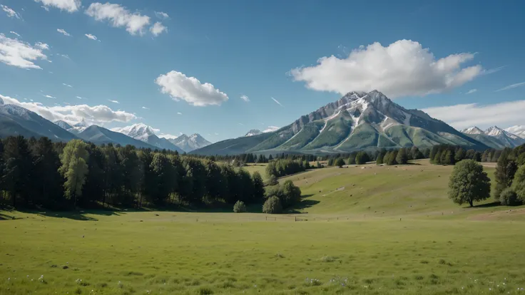 A green meadow with trees and in the background a mountain range, a blue sky with few clouds, no glare and no fog, photo taken at noon, well detailed, not comical, in super high resolution without fading..