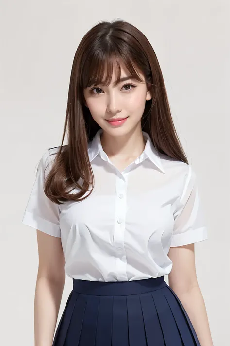 (highest quality、Tabletop、8k、Best image quality、Award-winning works)、One cute high school girl、(White polyester collared shirt:1.1)、(Navy Pleated Skirt:1.1)、Girl portrait photography、Glowing Skin、Brown Hair、Are standing、Gravure pose、(The simplest pure whit...