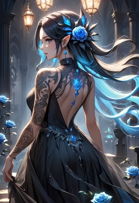Arafed, Dark fantasy art, fantasy art, goth art, a picture of a tattoo on the back of a female elf, of glowing tattoo of a ((blue rose: 1.3)) the rose tattoo is vivid, intricate detailed coming to life rose from the ink to real life, AlchemyPunkAI, shoot...