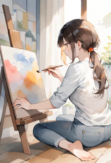 masterpiece, best quality, very aesthetic, absurdres, tegaki, (watercolor painting:1.4), 1girl, solo, painting, easel, indoors, artist, creative, serene, natural light, from behind, three-quarter view, canvas, palette, holding a brush, brunette, low ponyta...