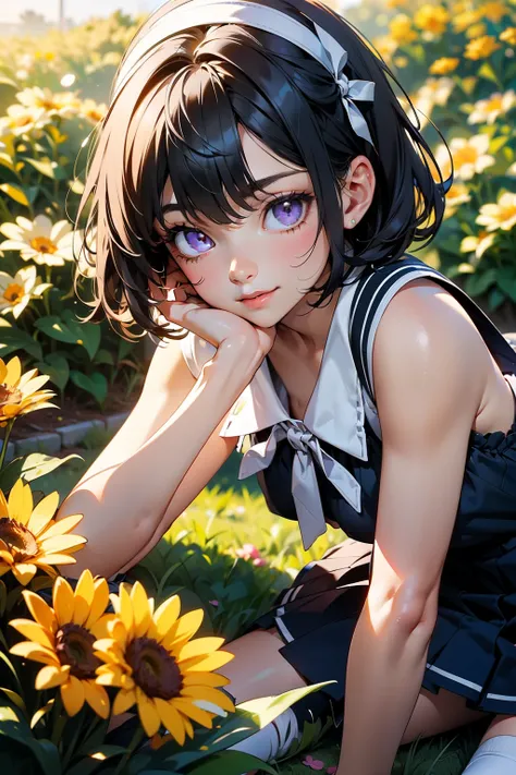 Body eight times longer than head, (Highly detailed CG Unity 8k), (highest quality)，(Very detailed)，(Ultra-high resolution), Black Hair, Shoulders out, Anime 2D Rendering, Realistic young anime school girl, ((White headband)), Purple eyes, Small breasts, e...