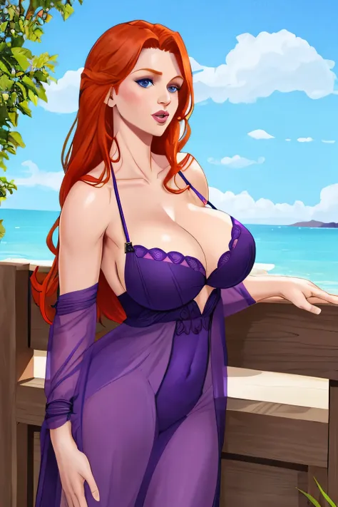 Ginger haired, blue eyes  ,big breast , revealing purple dress.