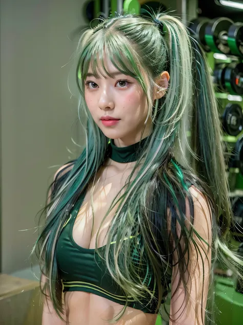 Top quality, one beautiful woman, wearing fitness wear, (Green hair:1.2), (Absurdly Long Hair:1.3), Twintails, 35mm lens, f/1, Busty chest, (Slight Body:1.3), at gym