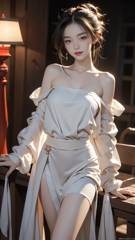 gufeng,bare shoulders, ((Bare shoulders)), ((The skirt is short, Showing off her sexy long legs)), ((whole body)), Practical, Fashion girl, Red lips, Mature women, Exquisite makeup, big eyes, beautiful, (best quality, masterpiece:1.2), Ultra Detailed, (Pra...